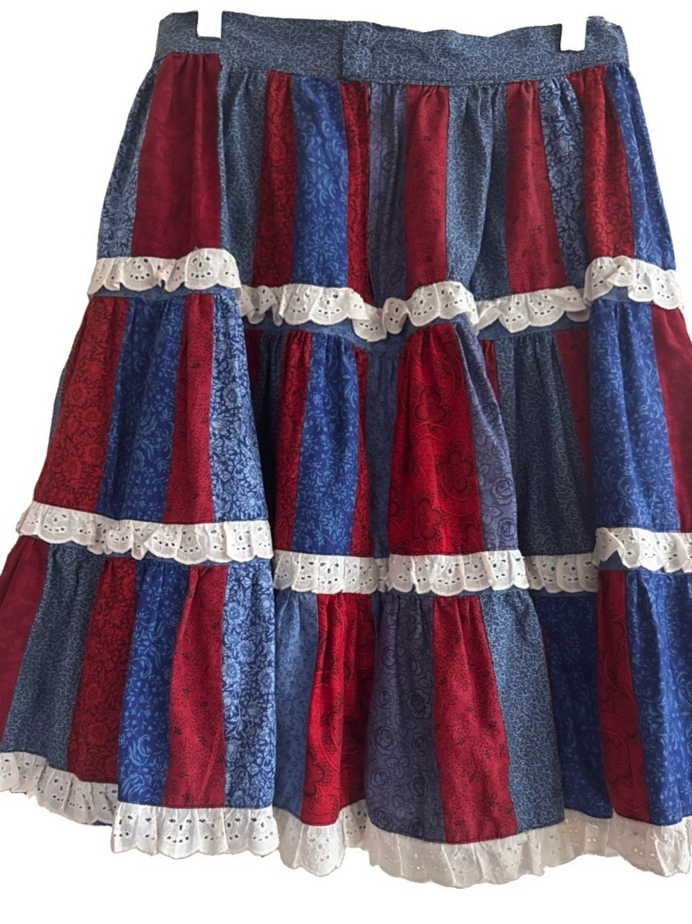 Handmade Cottagecore Circle Skirt Red Blue Patchwork Eyelet Lace 28” Waist